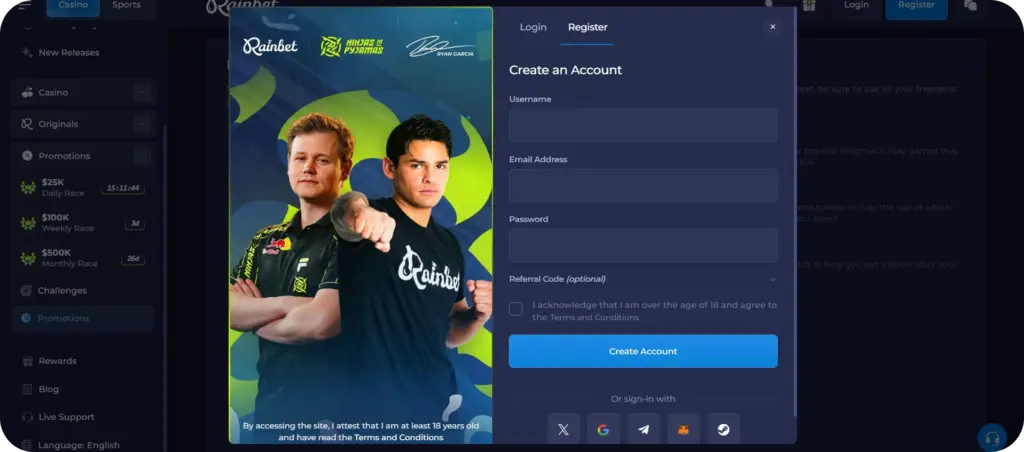 rainbet register desktop